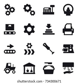 16 vector icon set : gear, cashbox, tractor, utility room, washing powder, hand dryer