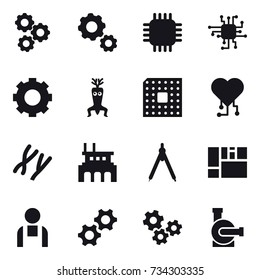 16 vector icon set : gear, chip, dna modify, cpu, cardio chip, factory, drawing compass, gears, water pump