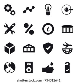 16 vector icon set : gear, graph, bulb, cell corection, pencil wrench, percent, info, airport building, 3d, greenhouse, earth, speaker, hand drop, please clean