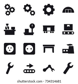 16 vector icon set : gear, hangare, power socket, table, wrench