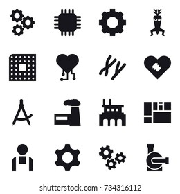 16 vector icon set : gear, chip, dna modify, cpu, cardio chip, draw compass, factory, gears, water pump
