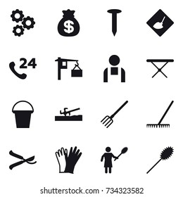 16 vector icon set : gear, money bag, nail, under construction, iron board, bucket, soil cutter, fork, rake, pruner, gloves, woman with pipidaster, duster