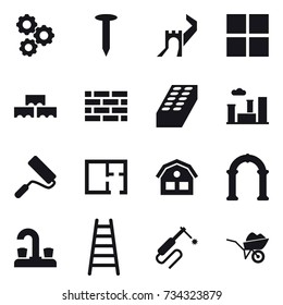 16 vector icon set : gear, nail, greate wall, window, block wall, brick wall, brick, city, repair, plan, house, arch, water tap, stairs, wheelbarrow