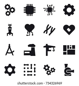16 vector icon set : gear, chip, dna modify, cardio chip, draw compass, factory, tower crane, gears, water pump