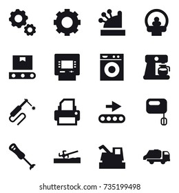 16 vector icon set : gear, cashbox, atm, washing machine, coffee maker, soil cutter, harvester, trash truck