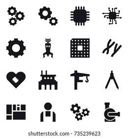16 vector icon set : gear, chip, dna modify, cpu, factory, tower crane, drawing compass, gears, water pump