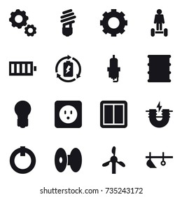 16 vector icon set : gear, bulb, hoverboard, battery, battery charge, spark plug, power socket, power switch, plow