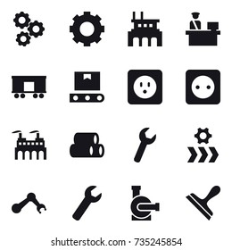 16 vector icon set : gear, factory, power socket, wrench, water pump, scraper