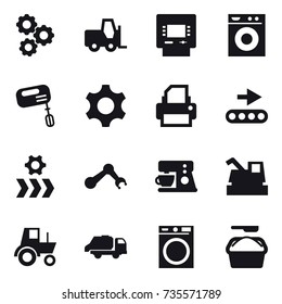 16 vector icon set : gear, atm, washing machine, mixer, harvester, tractor, trash truck, washing powder