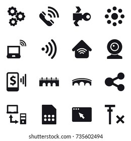 16 vector icon set : gear, call, satellite, round around, notebook wireless, wireless, wireless home, web cam, mobile pay, bridge