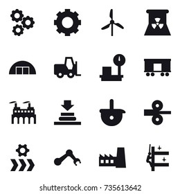 16 vector icon set : gear, windmill, nuclear power, hangare, factory, skyscrapers cleaning