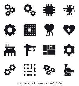 16 vector icon set : gear, chip, cpu, cardio chip, factory, tower crane, gears, water pump