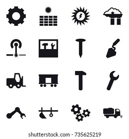 16 vector icon set : gear, sun power, factory filter, laser, tools, nail, construction, plow, gears, sweeper