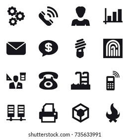 16 vector icon set : gear, call, woman, graph, mail, money message, bulb, fingerprint, architector, pool, fire