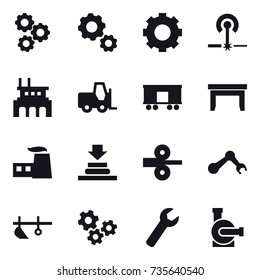 16 vector icon set : gear, laser, factory, table, plow, gears, wrench, water pump