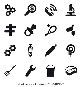 16 vector icon set : gear, dollar magnifier, call, microscope, singlepost, nipple, tennis, golf, rolling pin, fork, wrench, bucket, sponge with foam