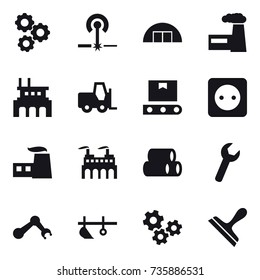 16 vector icon set : gear, laser, hangare, factory, power socket, plow, gears, scraper