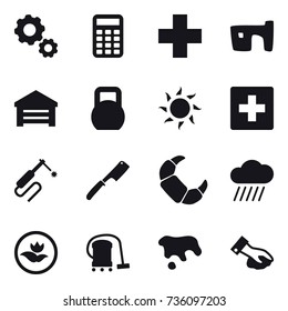 16 vector icon set : gear, calculator, slum, garage, sun, first aid, chef knife, rain cloud, ecology, vacuum cleaner, spot, wiping