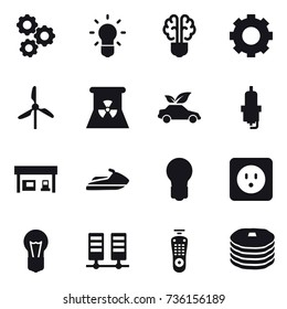 16 vector icon set : gear, bulb, bulb brain, windmill, nuclear power, eco car, spark plug, gas station, jet ski, power socket