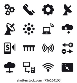 16 vector icon set : gear, phone, satellite antenna, round around, notebook wireless, cloude service, mobile pay, bridge, wireless