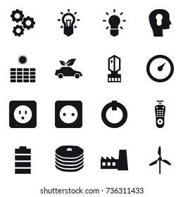 16 vector icon set : gear, bulb, bulb head, sun power, eco car, crystall  memory, barometer, power socket, factory, windmill
