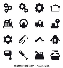 16 vector icon set : gear, electrostatic, cashbox, harvester, washing powder