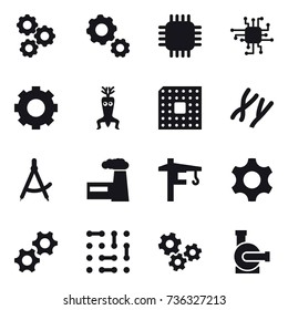 16 vector icon set : gear, chip, dna modify, cpu, draw compass, factory, tower crane, gears, water pump