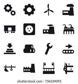 16 vector icon set : gear, windmill, factory, power socket, plow, skyscapers cleaning, skyscrapers cleaning