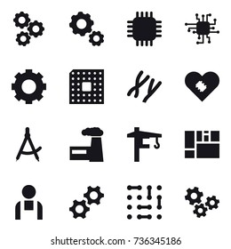 16 vector icon set : gear, chip, cpu, draw compass, factory, tower crane, gears