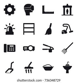 16 vector icon set : gear, virtual mask, ruler, detector, alarm, rack, broom, vacuum cleaner, garlic clasp, fork, scoop, foam basin, water tap sink