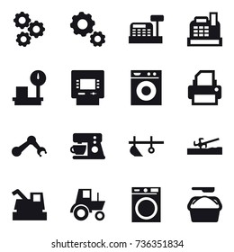 16 vector icon set : gear, cashbox, atm, washing machine, plow, soil cutter, harvester, tractor, washing powder