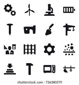 16 vector icon set : gear, windmill, microscope, battery, nail, slum, construction, tower crane, architector, plow