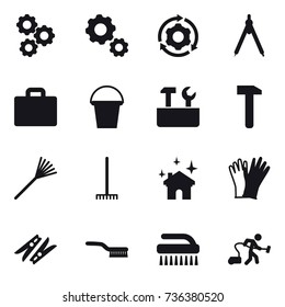 16 vector icon set : gear, around gear, drawing compass, suitcase iocn, bucket, repair tools, rake, house cleaning, gloves, clothespin, brush, vacuum cleaner