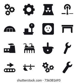 16 vector icon set : gear, nuclear power, laser, hangare, power socket, table, plow, gears, wrench