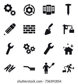 16 vector icon set : gear, around gear, server, nail, pencil, brick wall, construction, gears, wrench, house cleaning, clothespin, brush, woman with pipidaster, vacuum cleaner