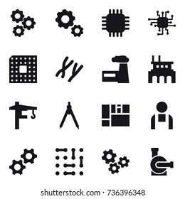 16 vector icon set : gear, chip, cpu, factory, tower crane, drawing compass, gears, water pump