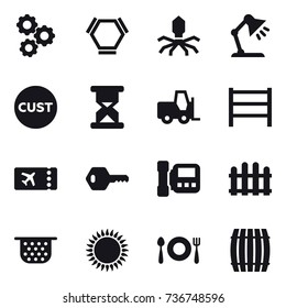 16 vector icon set : gear, hex molecule, virus, table lamp, ticket, key, intercome, fence, colander, barrel