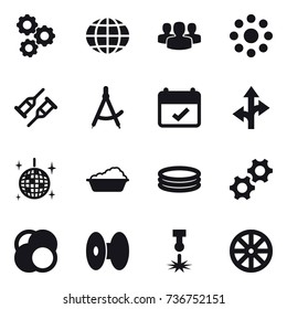 16 vector icon set : gear, globe, group, round around, draw compass, disco ball, washing, inflatable pool, wheel
