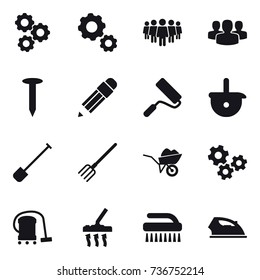 16 vector icon set : gear, team, group, nail, pencil, repair, shovel, fork, wheelbarrow, gears, vacuum cleaner, brush, iron