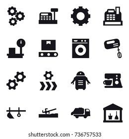 16 vector icon set : gear, cashbox, washing machine, mixer, plow, soil cutter, trash truck, utility room
