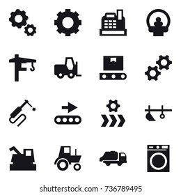 16 vector icon set : gear, cashbox, tower crane, plow, harvester, tractor, trash truck, washing machine