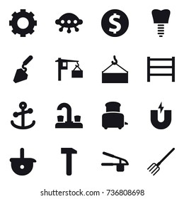 16 vector icon set : gear, ufo, dollar coin, construction, water tap, toaster, garlic clasp, fork