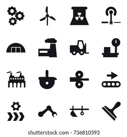 16 vector icon set : gear, windmill, nuclear power, laser, hangare, factory, plow, scraper