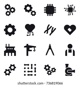 16 vector icon set : gear, chip, cardio chip, factory, tower crane, drawing compass, gears, water pump