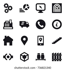 16 vector icon set : gear, diagram, monitor arrow, fingerprint, cashbox, delivery, phone, info, home, stairs, fence