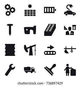 16 vector icon set : gear, sun power, battery, electric car, nail, slum, brick, architector, plow, wrench, sweeper, scraper, garbage bin