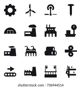 16 vector icon set : gear, windmill, laser, nail, hangare, factory, skyscapers cleaning, skyscrapers cleaning