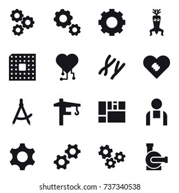 16 vector icon set : gear, dna modify, cpu, cardio chip, draw compass, tower crane, gears, water pump