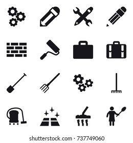 16 vector icon set : gear, pencil, pencil wrench, brick wall, repair, suitcase iocn, suitcase, shovel, fork, gears, rake, vacuum cleaner, clean floor, woman with pipidaster