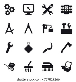 16 vector icon set : gear, monitor arrow, pencil wrench, server, draw compass, drawing compass, repair tools, rag, sickle, axe, wheelbarrow, vacuum cleaner, brush, floor washing